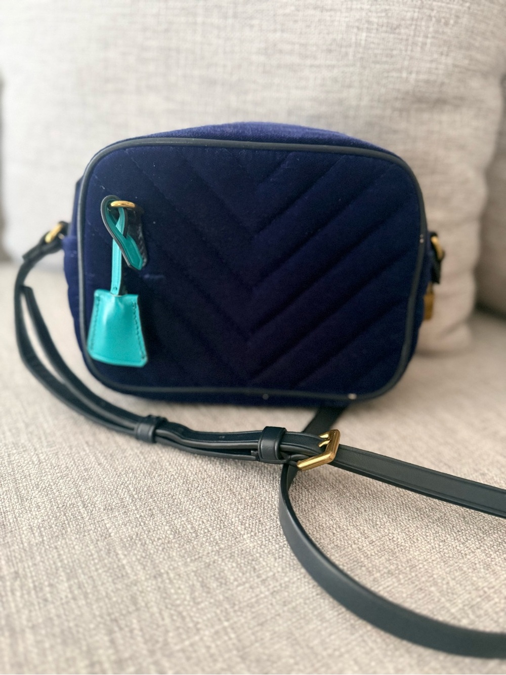 J. Crew Velvet Navy Quilted Crossbody with Teal Charm